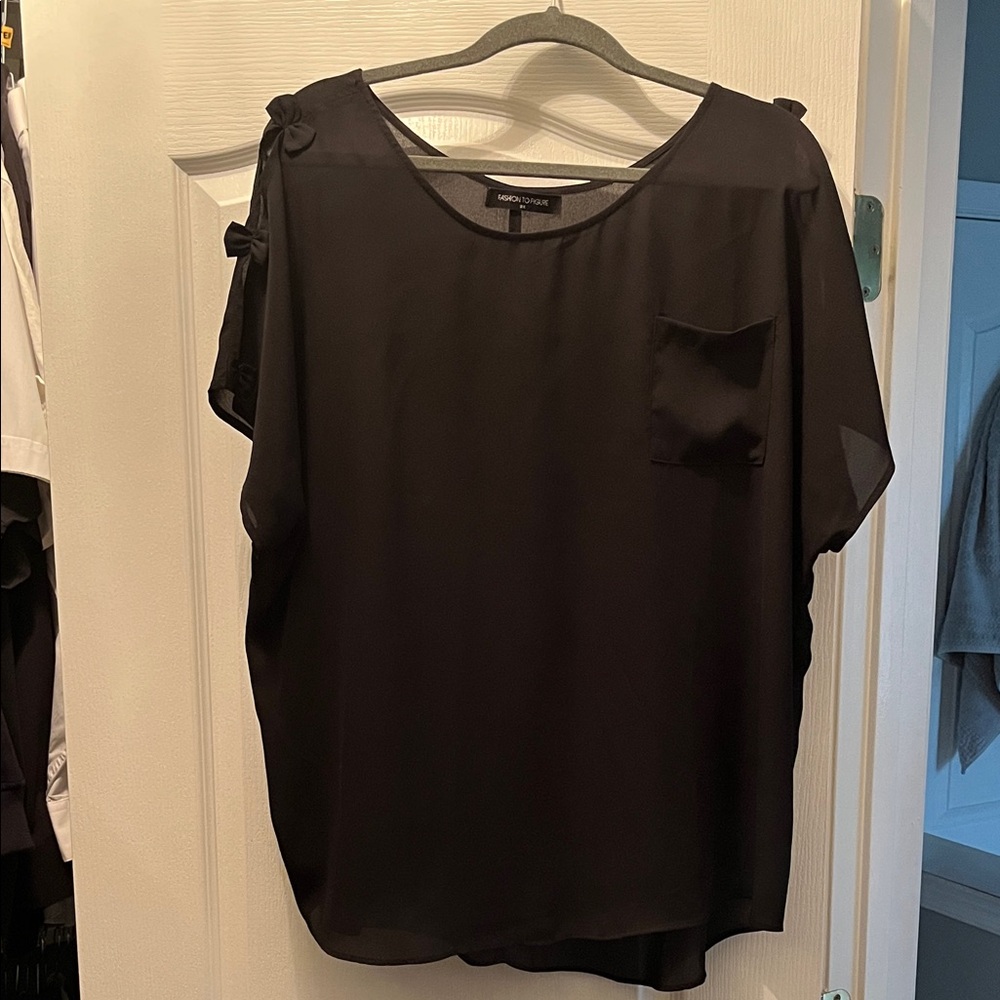 Fashion to Figure Black Blouse with Pocket and Bow Detail